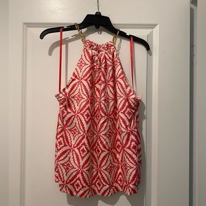 Milly HIBISC Pink White Silk Lined Halter Keyhole Gold Chain